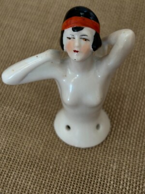 German porcelain Art Deco half doll - nude with flapper hairdo