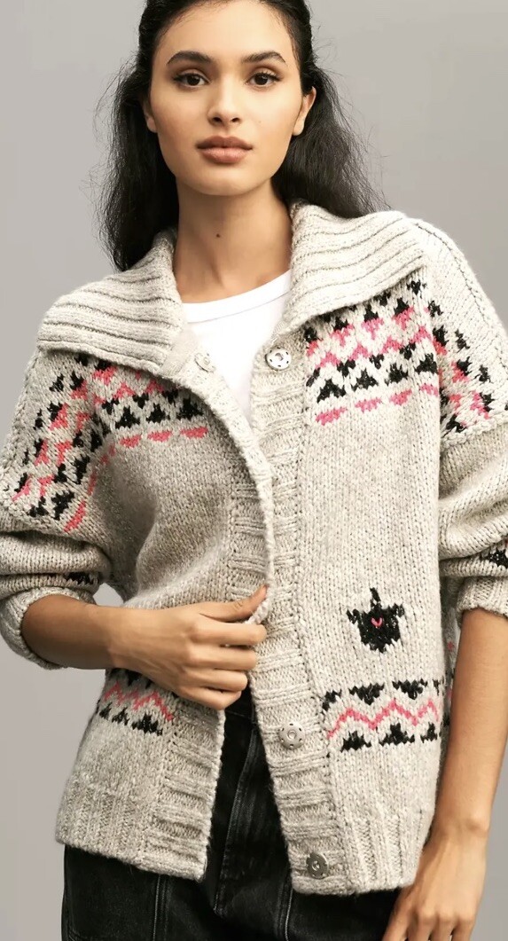178 ANTHROPOLOGIE SQUIRREL HEART COLLARED CARDIGAN SWEATER IVORY