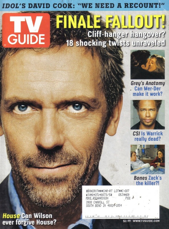 TV GUIDE MAGAZINE 6-2-08 HUGH LAURIE, DAVID COOK, GREY'S ANATOMY, BONES, CSI