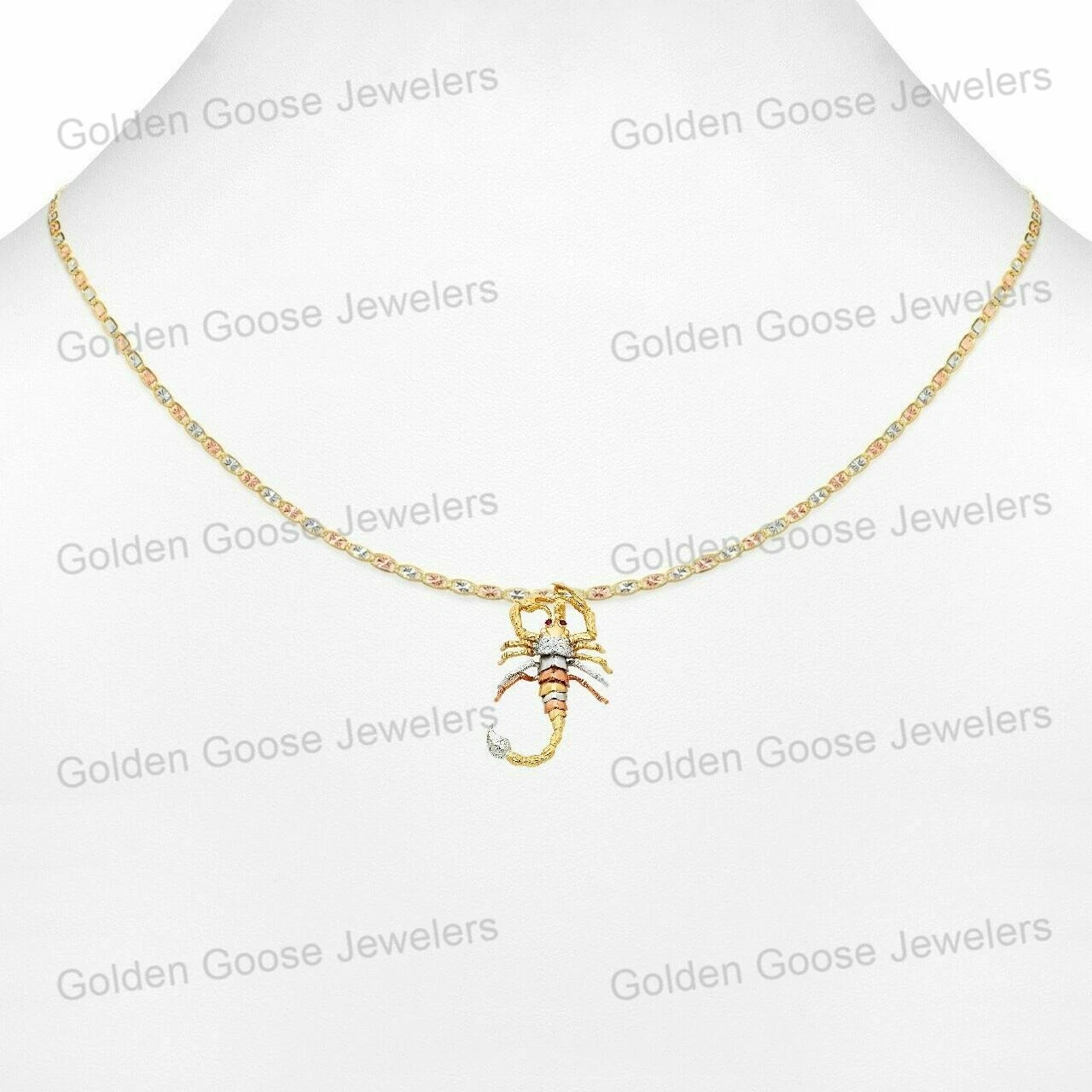 Ciondolo Charm Scorpione Zirconi Unisex Oro 14KT Tricolore Valentino con Catena