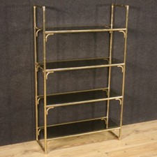 Bibliothèque en métal doré faux bambou vintage 4 étagères verre meuble vitrine