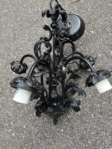 Ornate Very Old Black Cast Iron light Chandelier - Picture 16 of 22