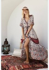 Spell Dress Au 6-8 US 2-4  Elle Gown Rosewood Maxi Floral Boho Duster Button Red