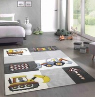 Spiel Teppich Kinderzimmer Baustelle StraßEnschilder Bagger Kran Creme Grau Gelb