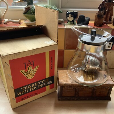 60er Jahre JAJ Pyrex Teekessel mit Teeei Kleeblatt Muster in OVP für 2 Pi