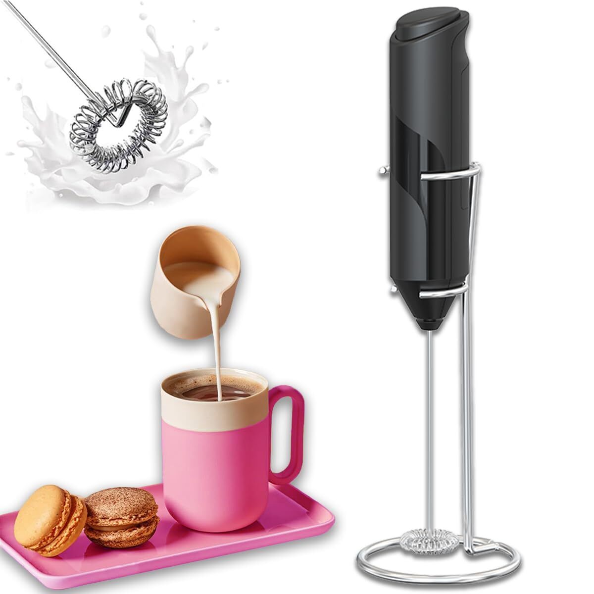 Milk Frother Wand with Stand - Milk Frother Handheld Battery Operated - Elect...