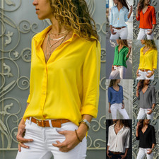Women's Long Sleeve Collared Button Down OL Work Shirts Ladies Slim Tops Blouse