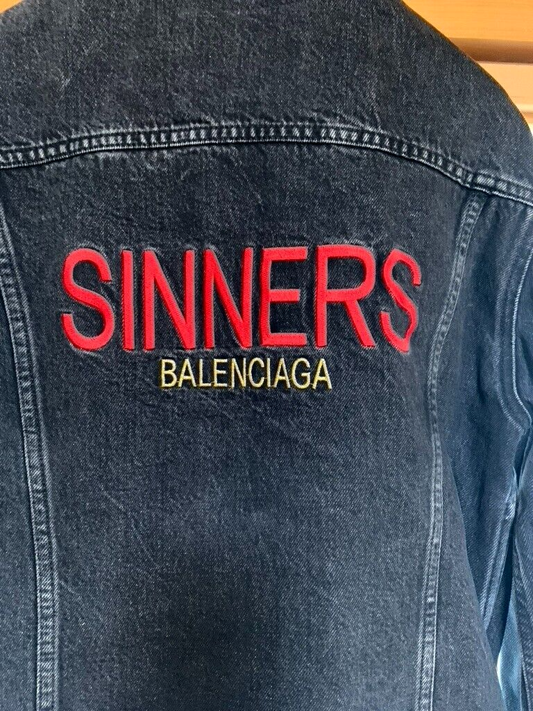 Balenciaga Men Black Denim Jacket Sinners Red Back Logo Tag