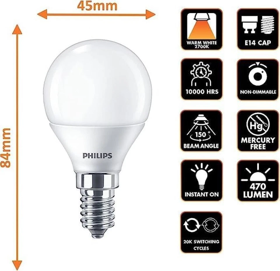 Philips CorePro 5.5W E14 LED Golfball Bulb 2700K Warm White Frosted 4 Pack - Image 4 of 4