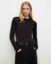 All Saints Womens LS Top Marina Black Funnel Neck Slinky Form Fitted T-Shirt Tee