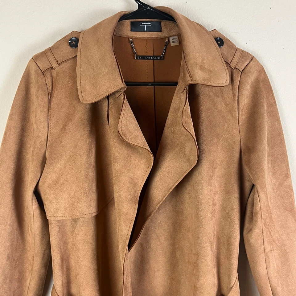 Abrigo Tahari Mujer Imitación Cuero Tendencia Largo Talla XS Cinturón Delantero Abierto Marrón Invierno Foto 2 de 4
