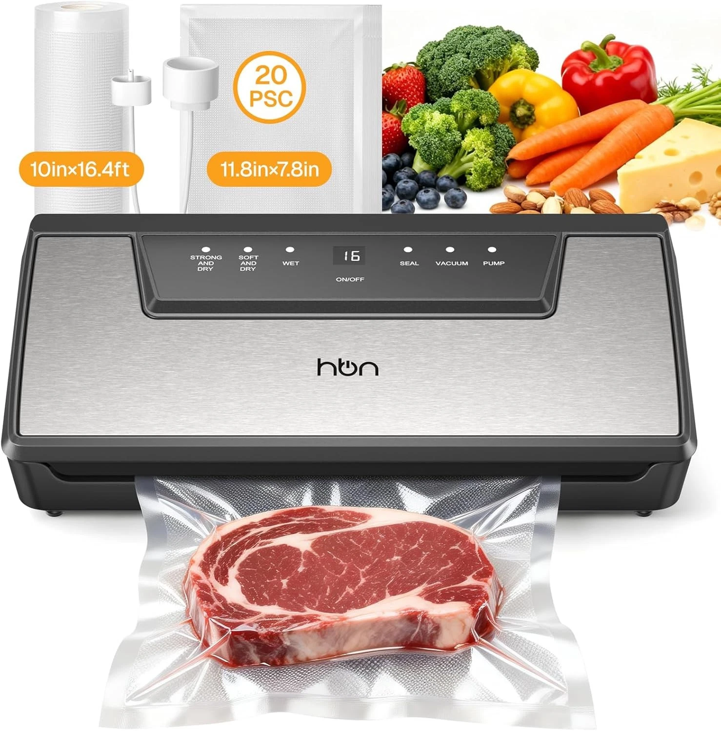 HBN Vacuum Sealer Compact Food Vacuum Sealer Machine Steel with 1 Roll & 20 Bags