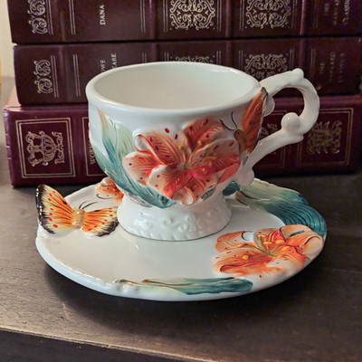 CornerRuby Botanical Collection Ceramic Cup & Saucer Set White Floral Butterfly