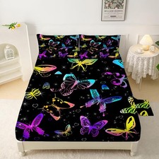 Colorful Butterfly Sheets Twin Size for Girls Boys Black Kids Cute Bedsheets ...
