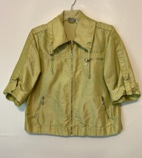 Chicos 2 Windbreaker Womens Large Jacket Neon Green Full Zip Roll Tab Sleeves