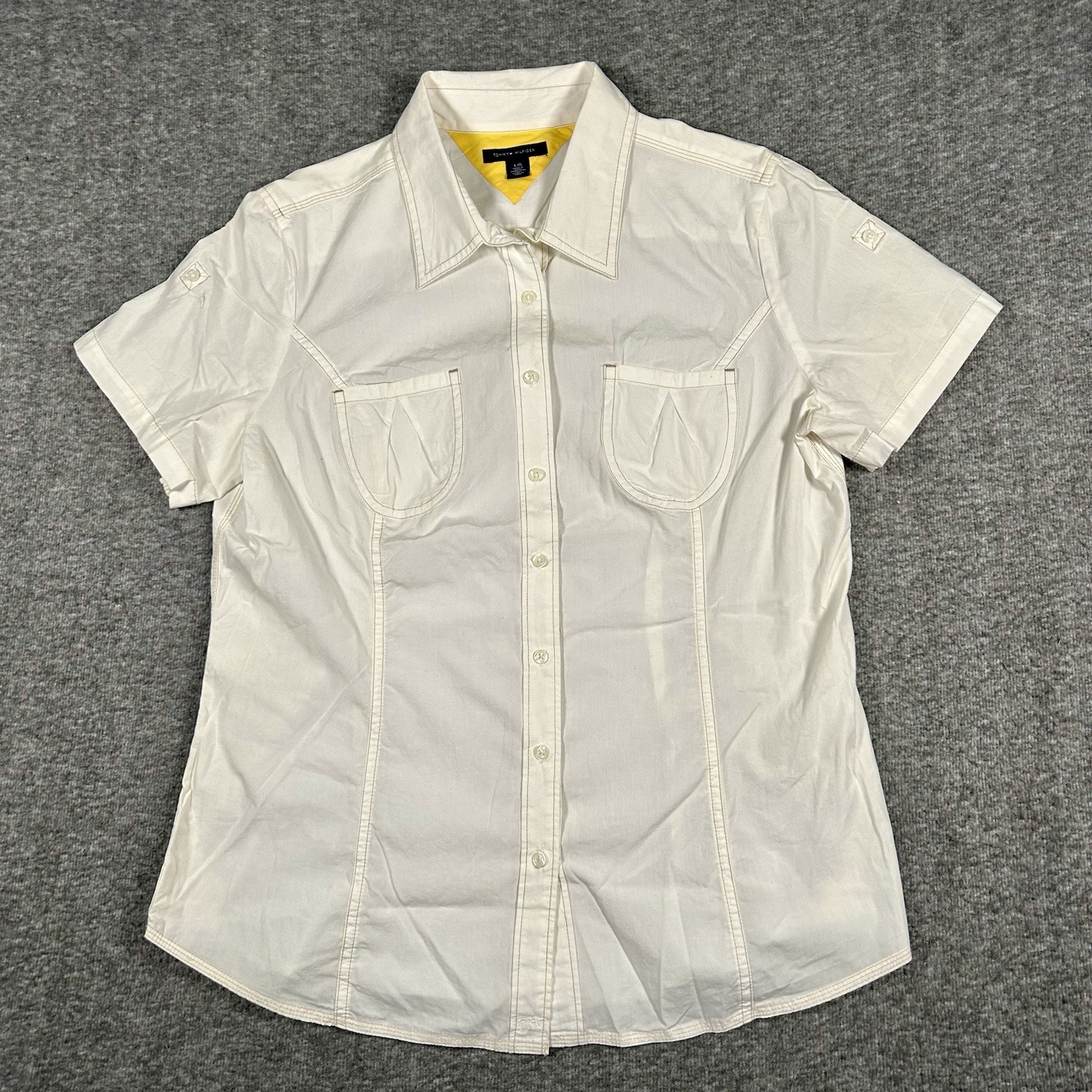Vtg Tommy Hilfiger Womens White Short Sleeve Button Down Shirt Size Large Y2K