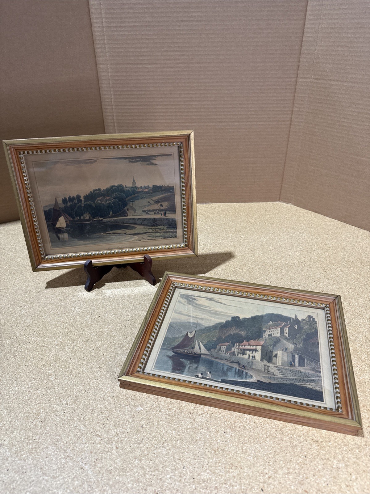 Pair Antique Hand-Colored Engravings Clovelly & Wigton Galloway Framed 12.5x9.5