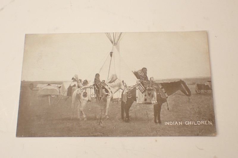 Early Post Card Indian Children on Horses Teepee Published Sheridan Wyo