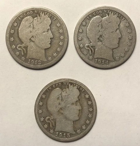 Silver Barber Quarter Lot of 3 -1912 1914 1915