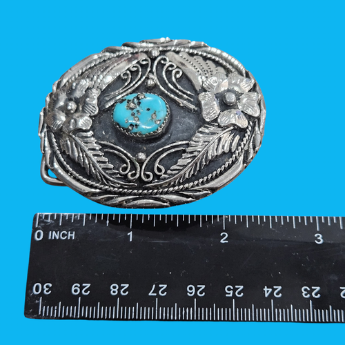 Vintage SSI Handcrafted USA Belt Buckle Silver Tone Turquoise Flower Leaf Design - Picture 5 of 5
