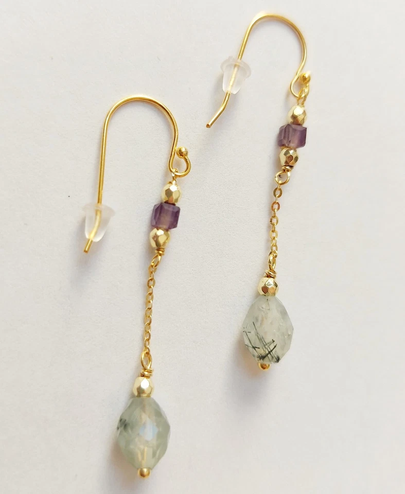 Orecchini pendenti in argento 925 laminato oro con ametista prehnite ed ematite - Immagine 2 di 4