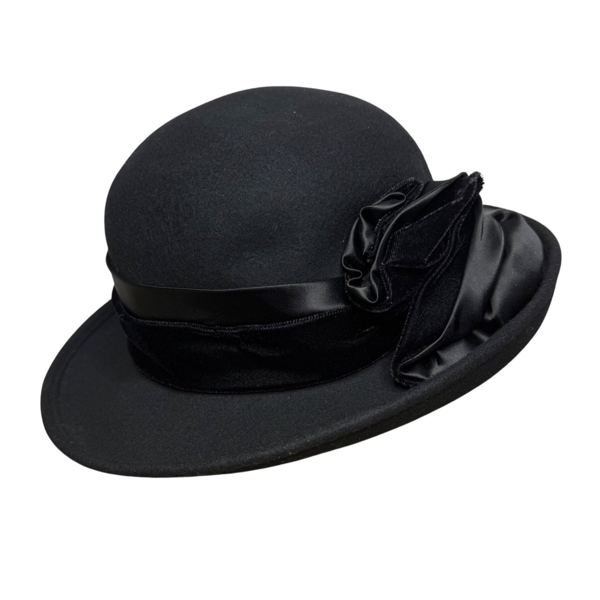 Vintage Lord & Taylor Womens Black Felt Wide Brim Hat Satin 