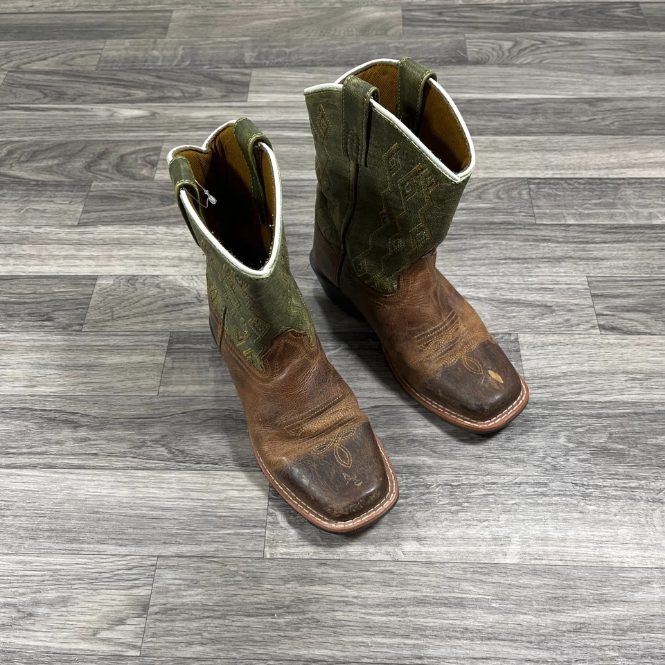 DAN POST Calf Length Green / Brown Cowboy Western Boots Boy's Size 13.5 D - Image 2 of 4