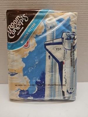 Vintage BIBB Room Concepts Double Fitted Sheet Nasa Shuttle Columbia USA Made