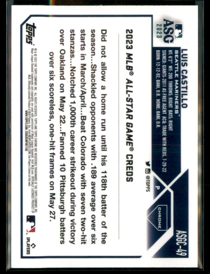 2023 Topps Chrome Update Series ASG Refractor Luis Castillo Mariners ASGC-49 - Image 2 of 2