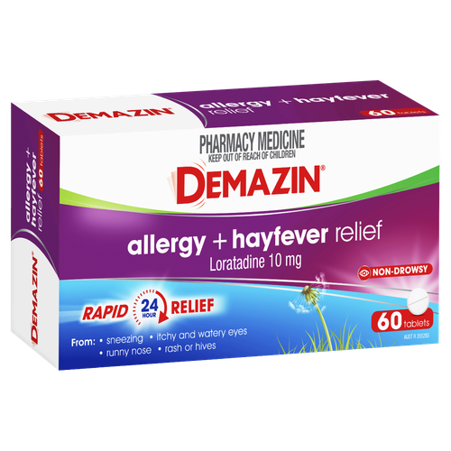 Rash Tablets Demazinn Allergy + Hayfever Relief 60 Tablets Itchy Eyes Runny Nose ...