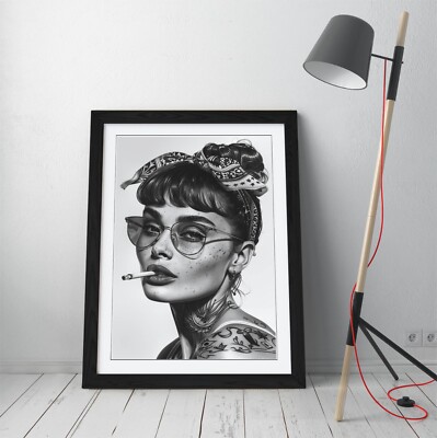 AUDREY HEPBURN SMOKING BIKER STYLE PORTRAIT FRAMED WALL ART POSTER