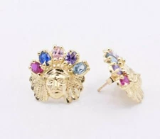 Infantry Native American Indian Rainbow Stud Earrings Real Solid 10K Yellow Gold