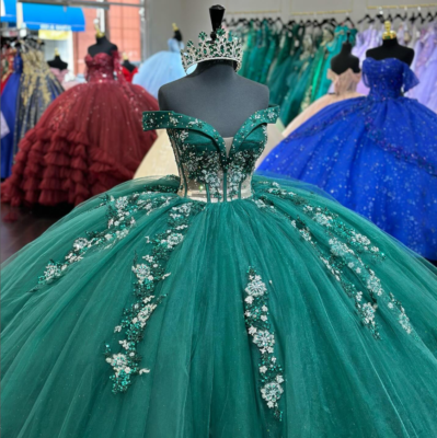 Emerald Green Quinceanera Dresses 15 Years Old New Off-Shoulder Tulle Lace 