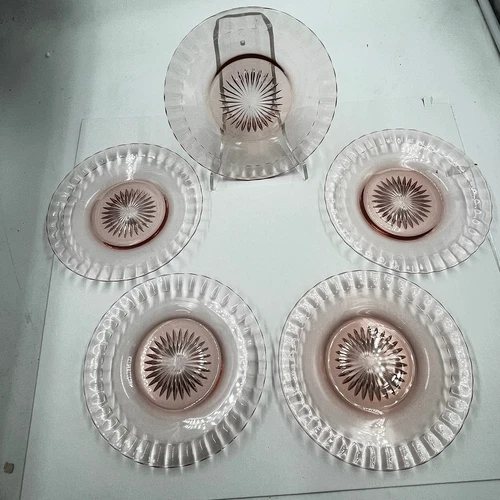 Anchor Hocking Pink Depression 7 1/4" Block Optic Plates w/ Starburst Design (5)