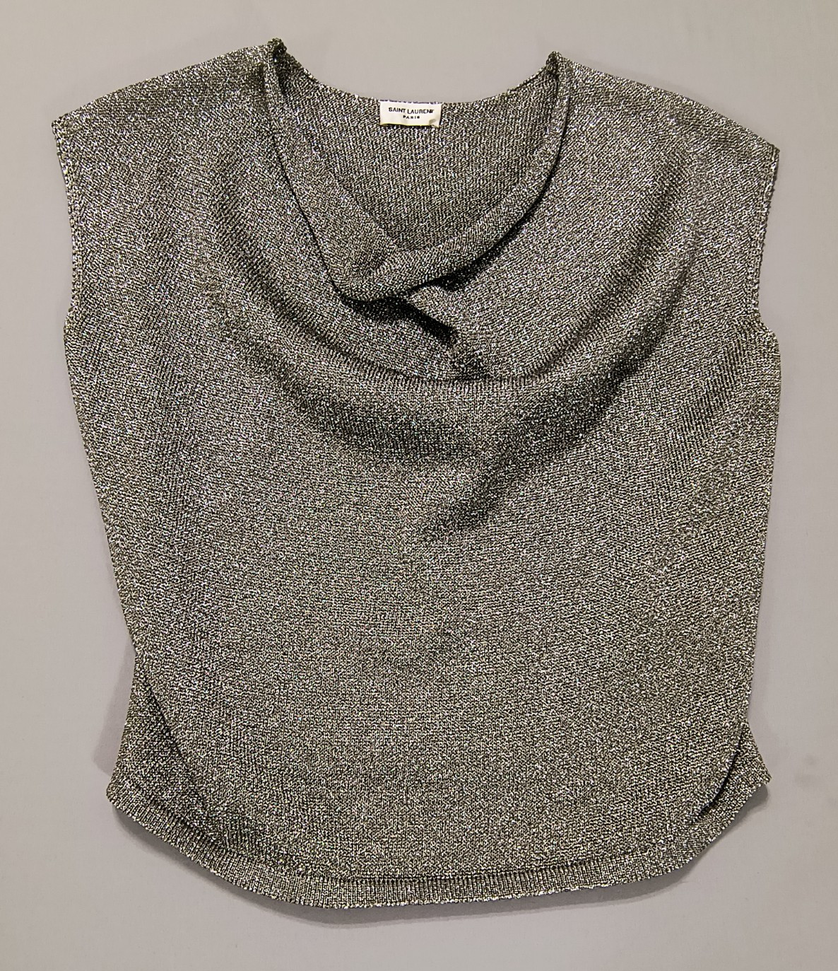 Top smanicato YSL Yves saint Laurent argento metallizzato copertura media camicia PRITINE