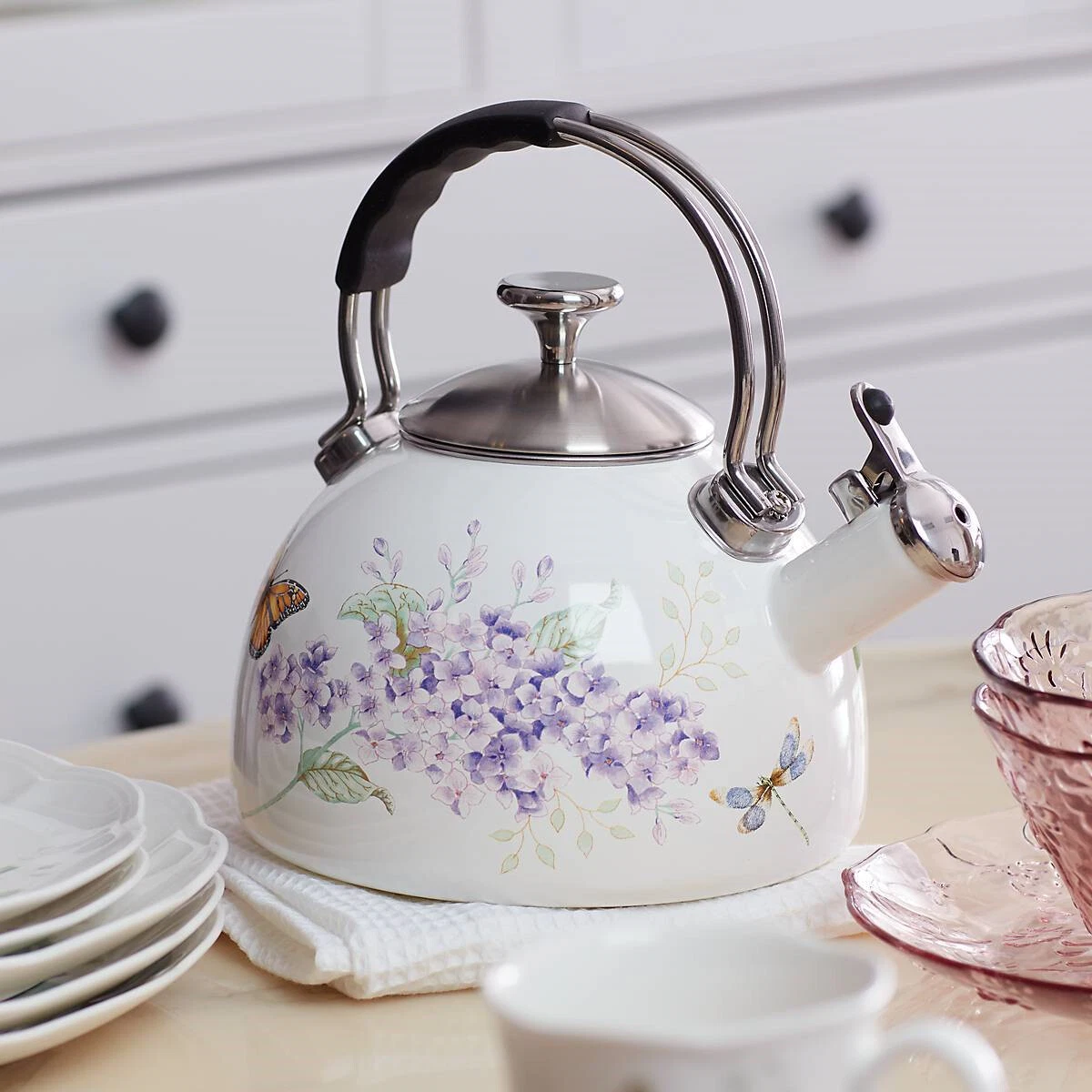 Lenox Butterfly Meadow Lavender Floral 2.5-Quart Whistling Tea Kettle NEW in BOX