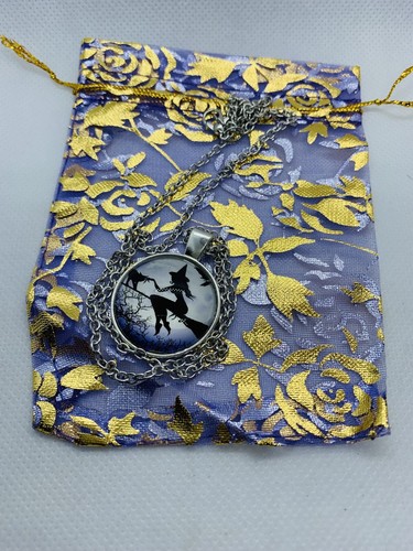 New Glass Cabochon Dome Witch/Cat Silver Tone Chain Pendant Necklace - Picture 5 of 6