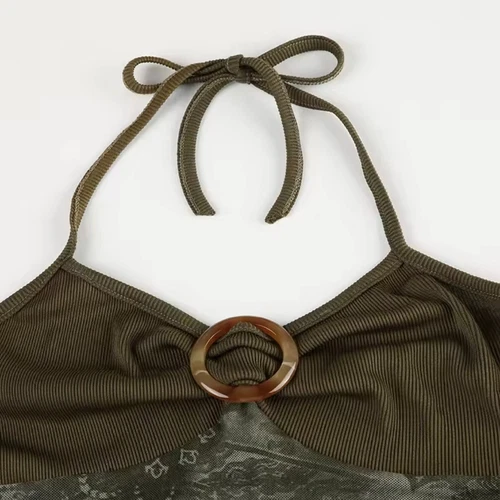 Women Y2K Khaki Lace Halter Top Cami Vest Vintage - Picture 5 of 6