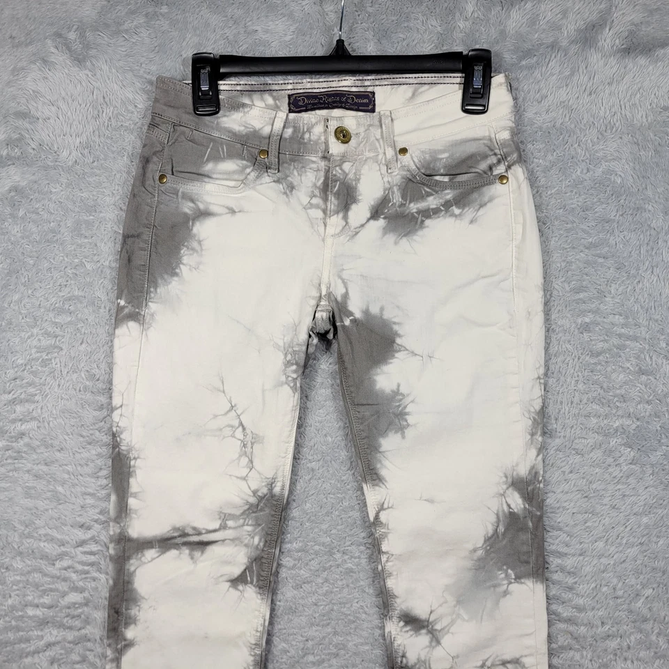 Pantalones de mezclilla Divine Rights of para mujer 27 gris blanco teñidos con corbata ajustados tiro bajo 28x31 Foto 2 de 4