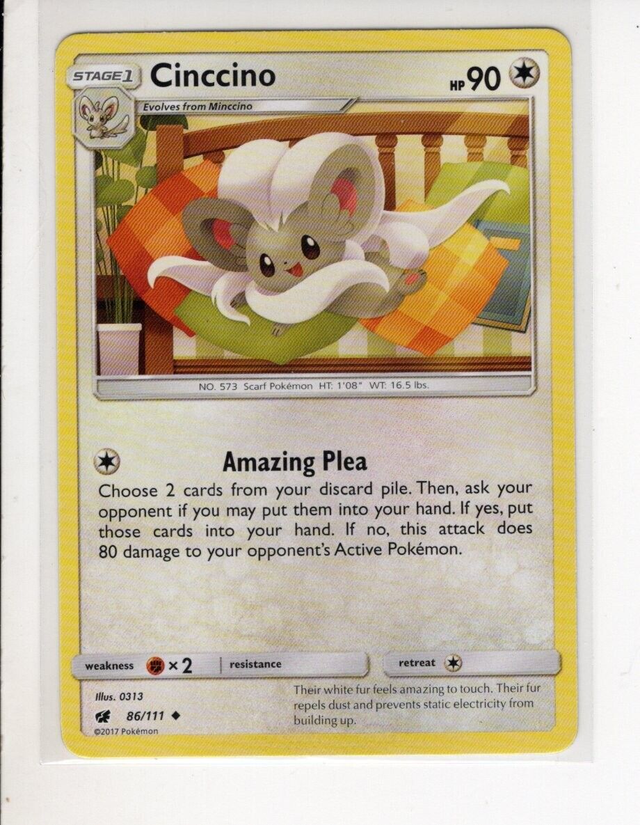 SHIPS SAME DAY Pokemon Card NM Cinccino 86/111 Stage 1 Normal Type 2017  Uncommon