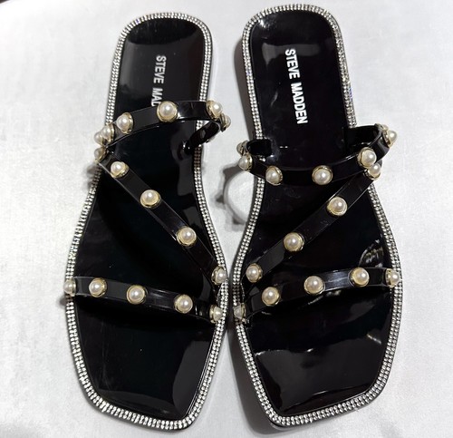 Steve Madden Nonii Womens Sz 10 Jelly Pearl Bling Rhinestone Slide Sandals Black - Picture 2 of 10