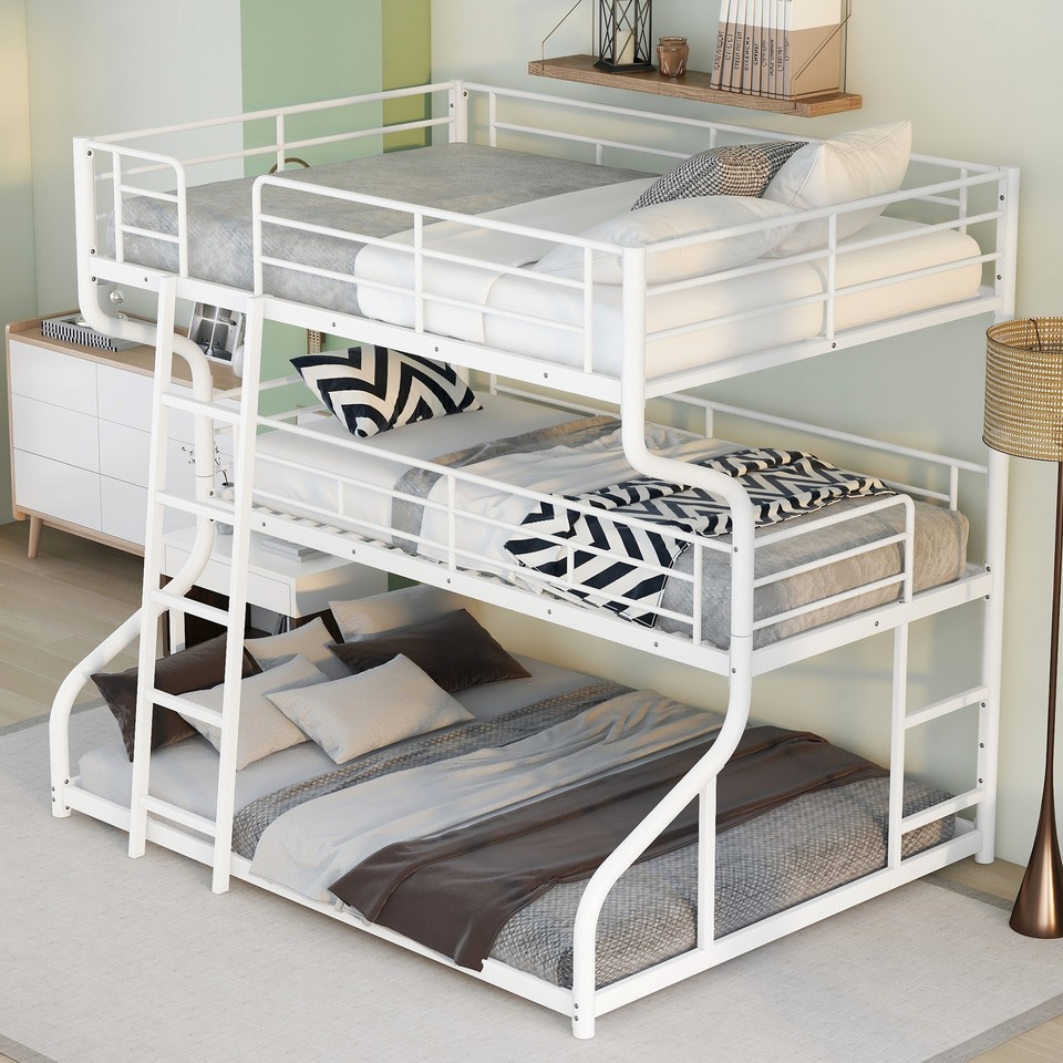 Triple Bunk Bed Full XL Twin XL Queen Size with Short Ladder White