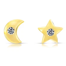 10K Real Solid Yellow Gold Star Moon CZ Sleeper Studs Earrings Screw-back