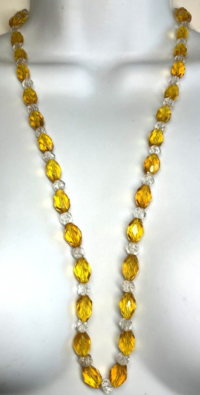 Vintage  29" Long Czech  White/Yellow Art Glass  Beads Link Necklace