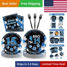 100 Pcs 15th Birthday Decorations for Teen Boys Blue and Black 15th Plate Nap...