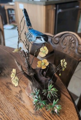 Stamped Norman Brumm Sculpture Enamel on Copper~Bird ~Yellow Flowers~10.5'' Tall 