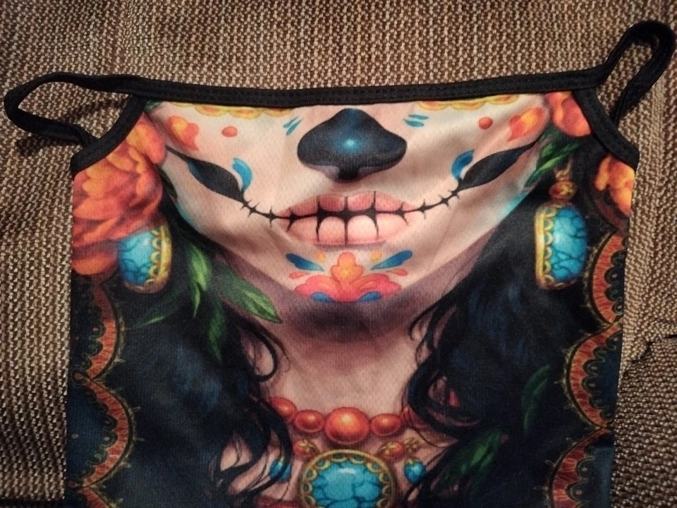 Day Of The Dead Face Neck Mask Gaitor - Colorful, Ear Loops - Image 3 of 4