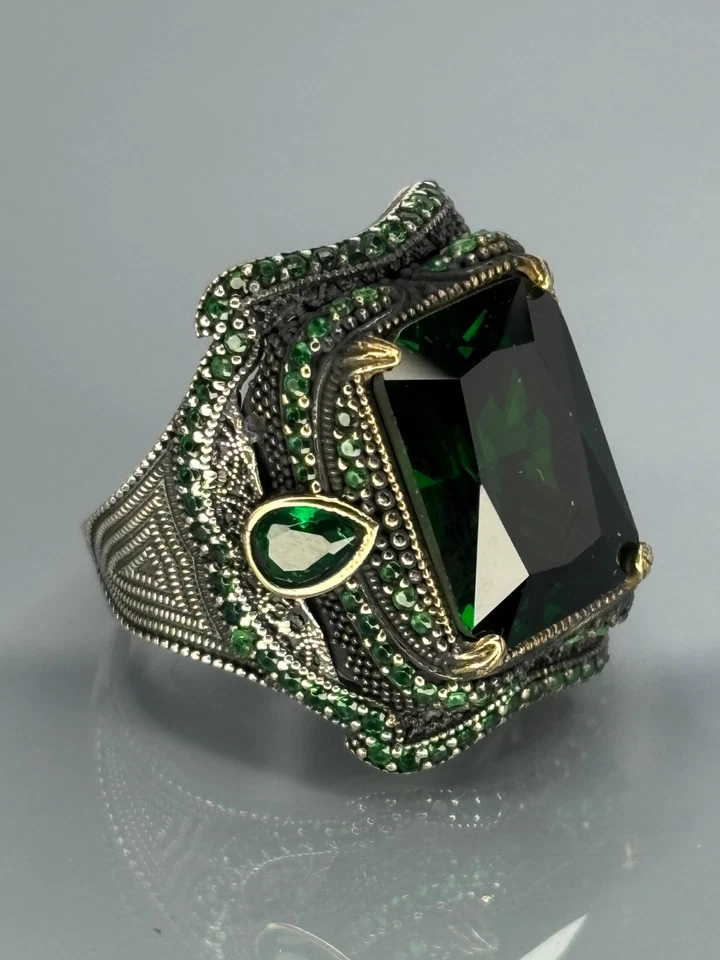 925 Sterling Silver Men Ring Simulated Emerald Green Zircon Turkish Handmade - Image 3 of 4