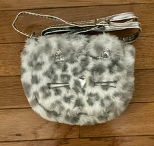Claire's Fur Cat Crossbody Bag Gray/White Snap Closure Sparky silver ears
