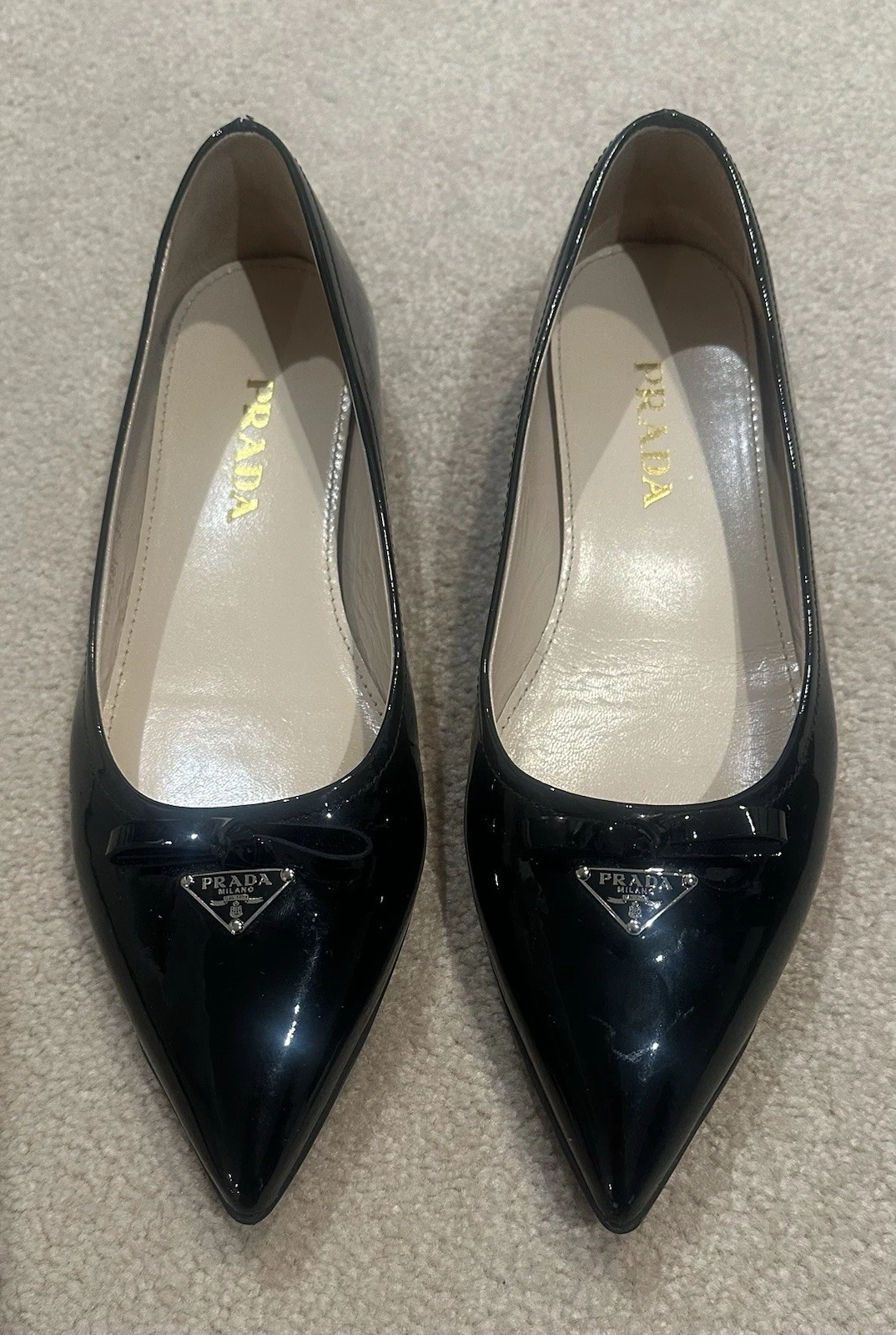 Prada — Prada Triangle Logo Patent Leather Flats Black Size 37